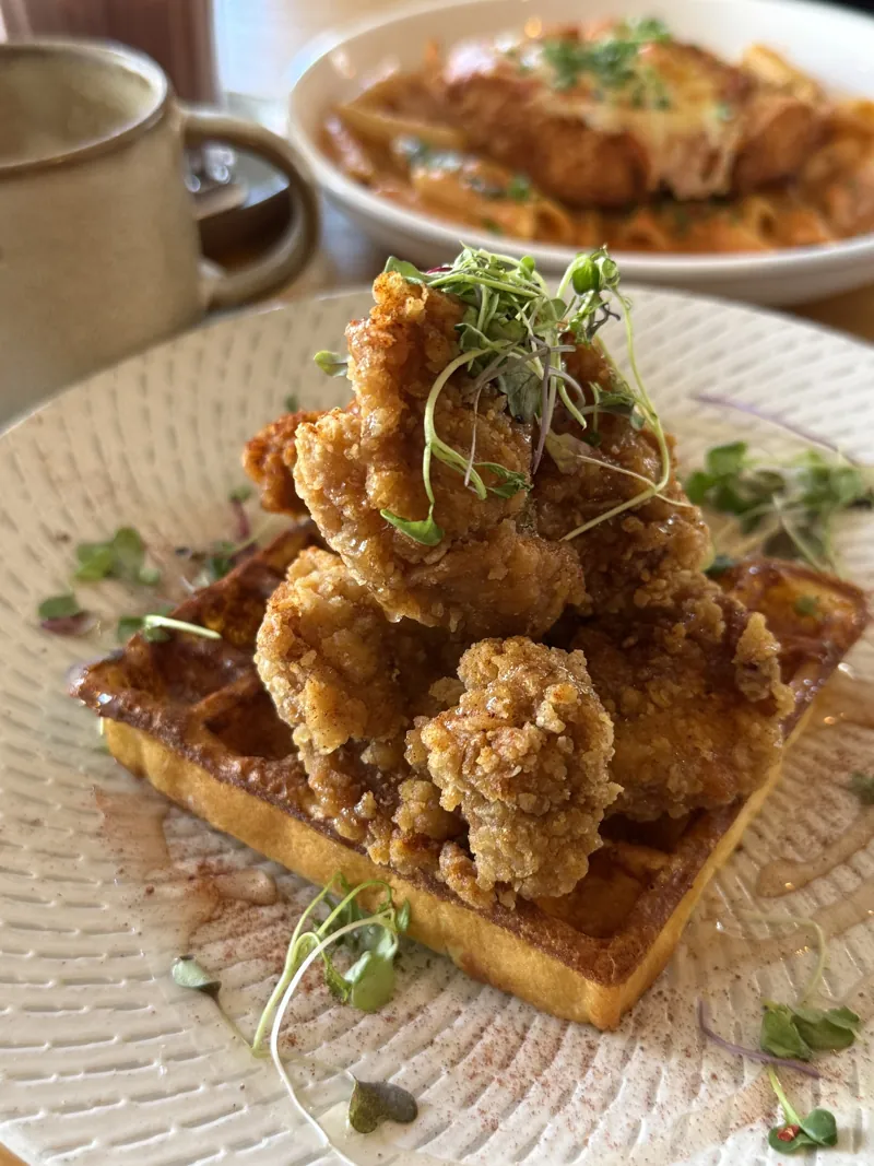 Chicken N’ Waffle with crispy chicken on a buttermilk waffle