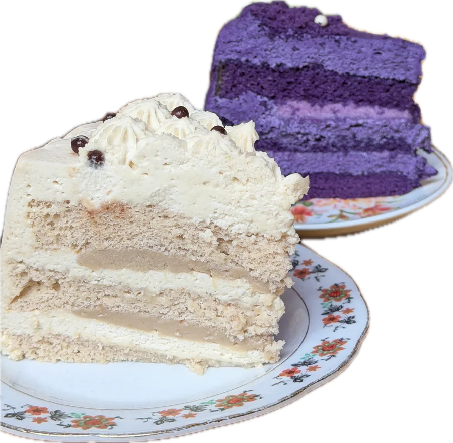 Ube and cream cake slices on floral vintage plates