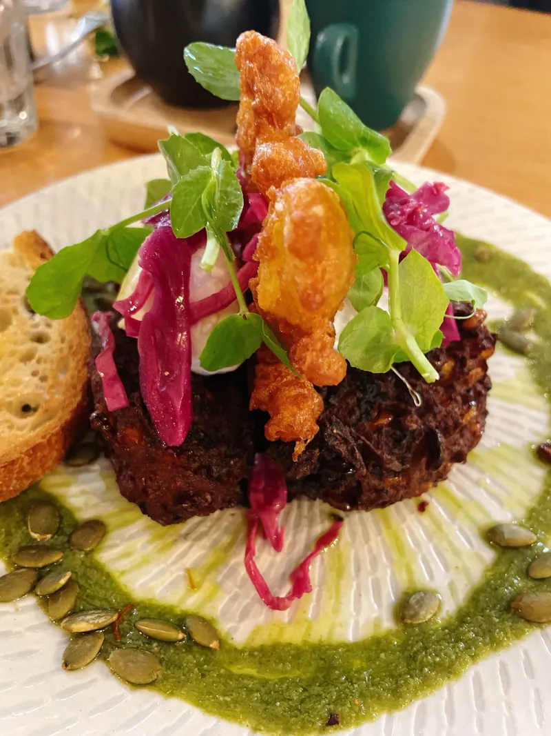 Fritters with pickled salad and herb oil