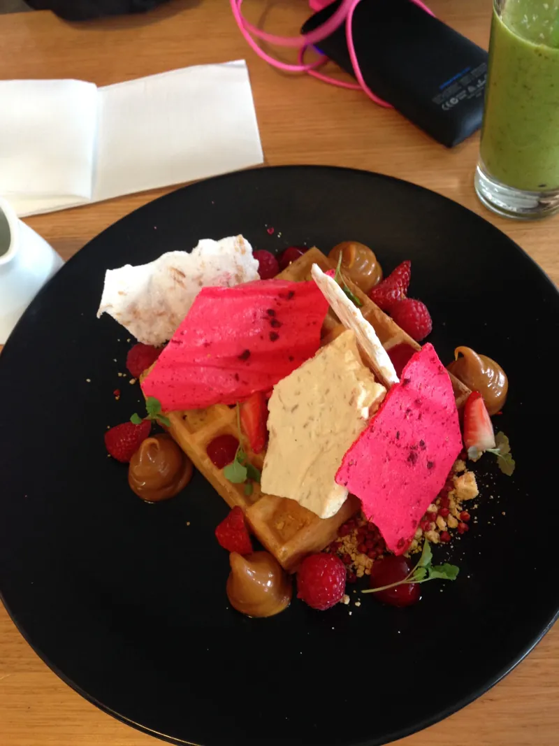 Pink Lady Waffle with berries and pink shards