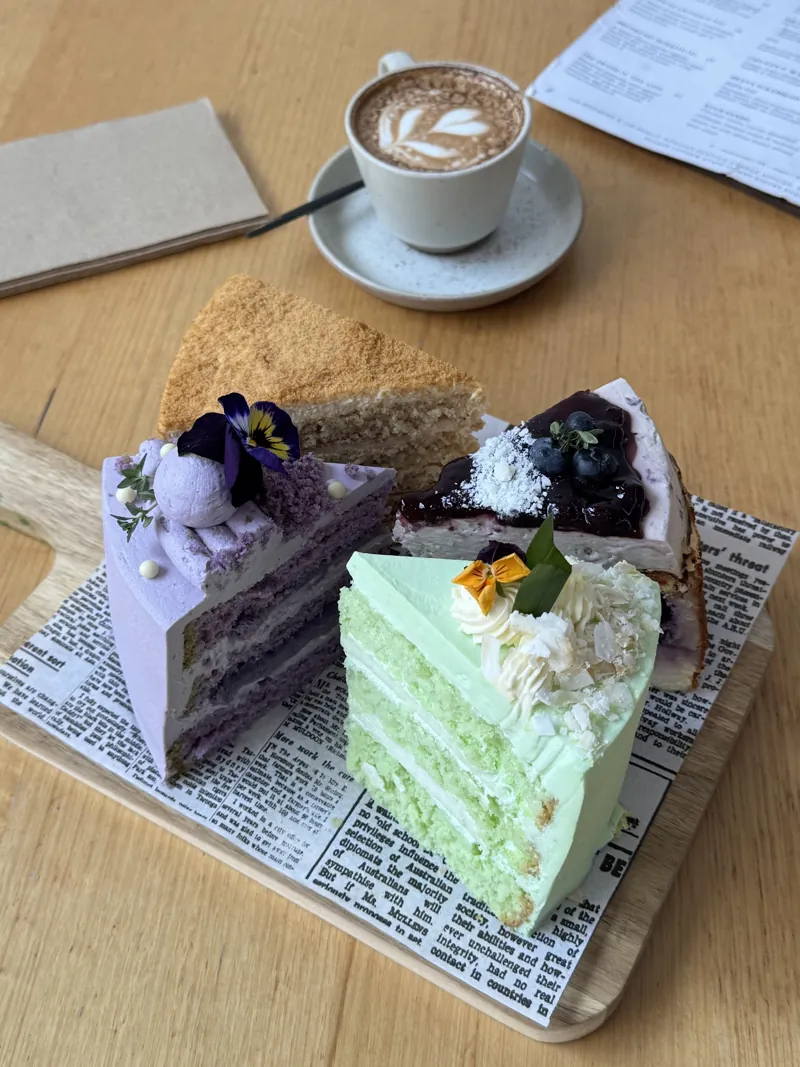 Slices of ube and pandan cake